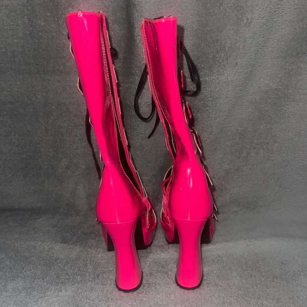 Ellie Women's Hot Pink PVC Boots Buckles Platform Size 8